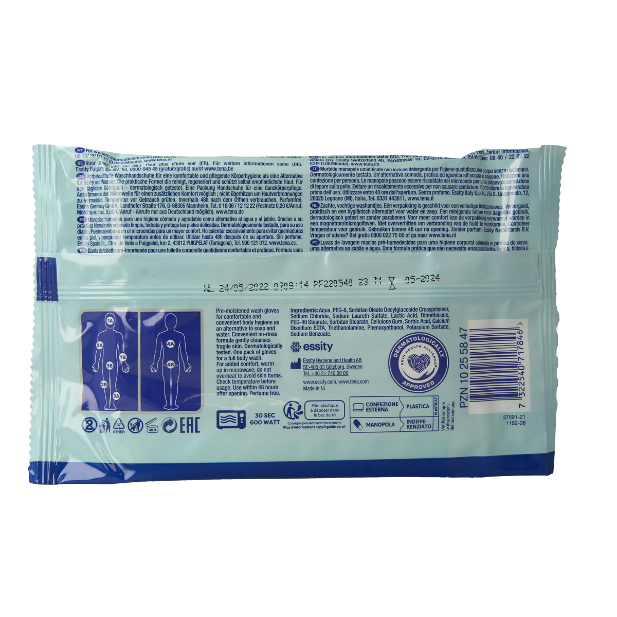 Tena Wet gloves cleans & care lotion no perfume 5.00 Stuks