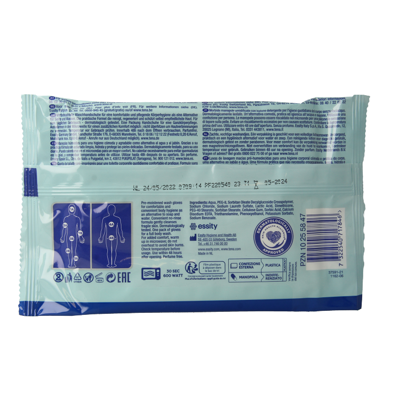 Tena Wet gloves cleans & care lotion no perfume 5 Stuks