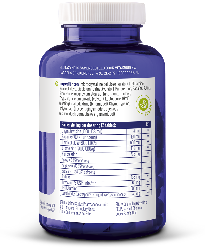 Vitakruid Glutazyme oa Spijsverteringsenzymen en L-Glutamine 180 Tabletten