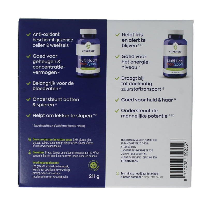 Vitakruid Multi Dag & Nacht Man Sport 100% Vegan 2 x 90 180 Tabletten