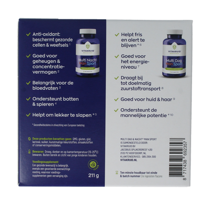 Vitakruid Multi Dag & Nacht Man Sport 100% Vegan 2 x 90 180 Tabletten
